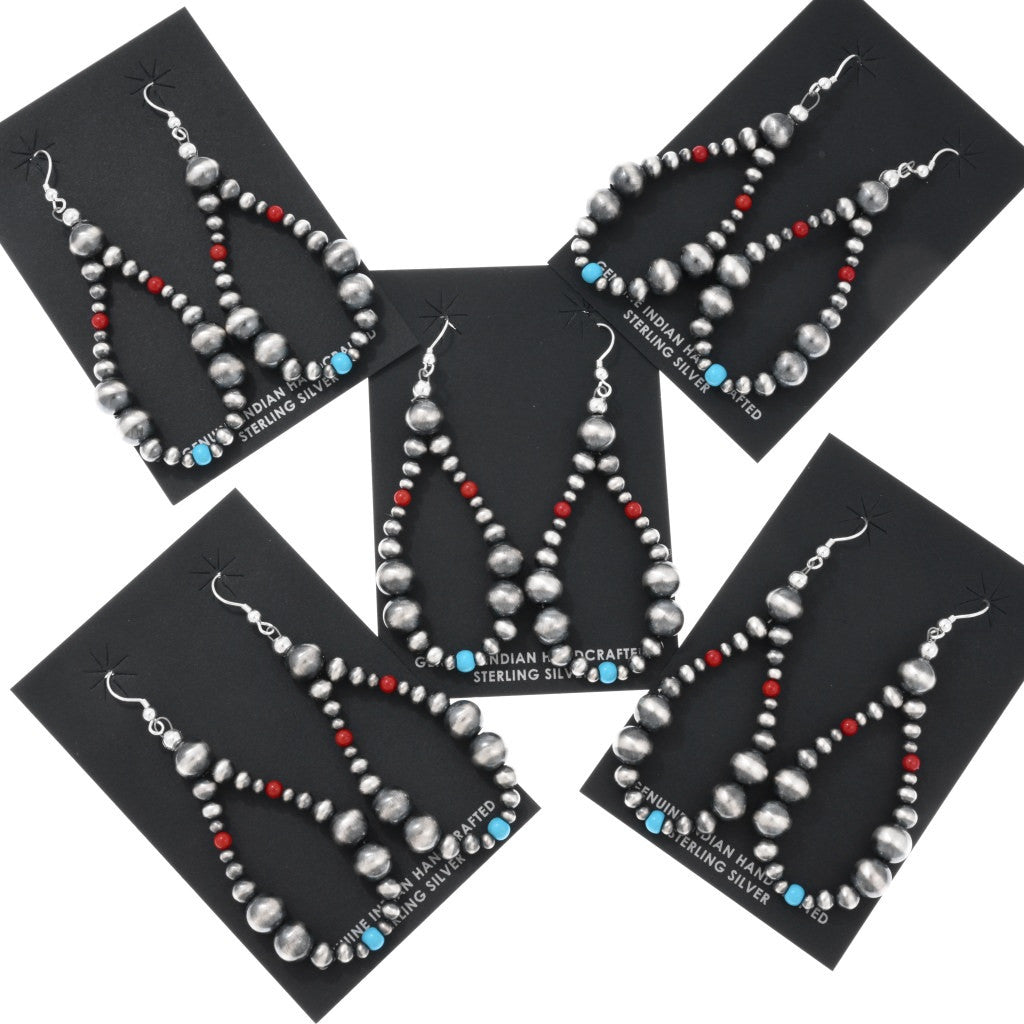 Sterling Pearl, Turquoise and Coral Beaded Teardrop Hoop Earrings