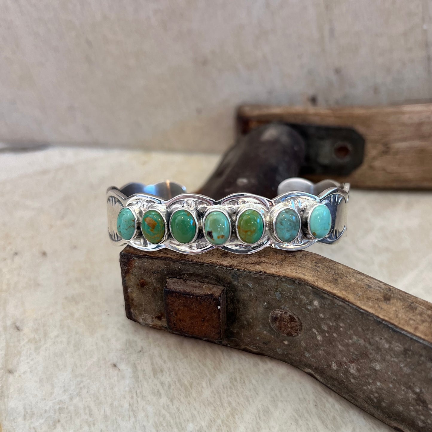 7 Stone Navajo Handmade Sterling Silver and Turquoise Cuff