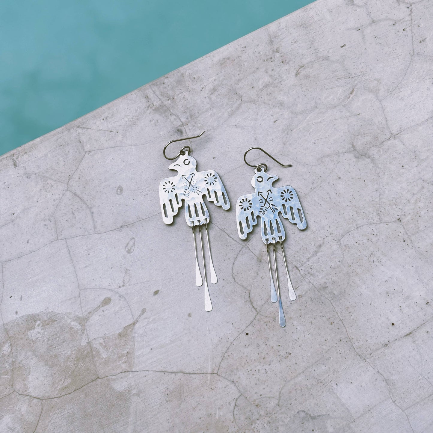 Handmade Thunderbird Fringe Earrings: Silver