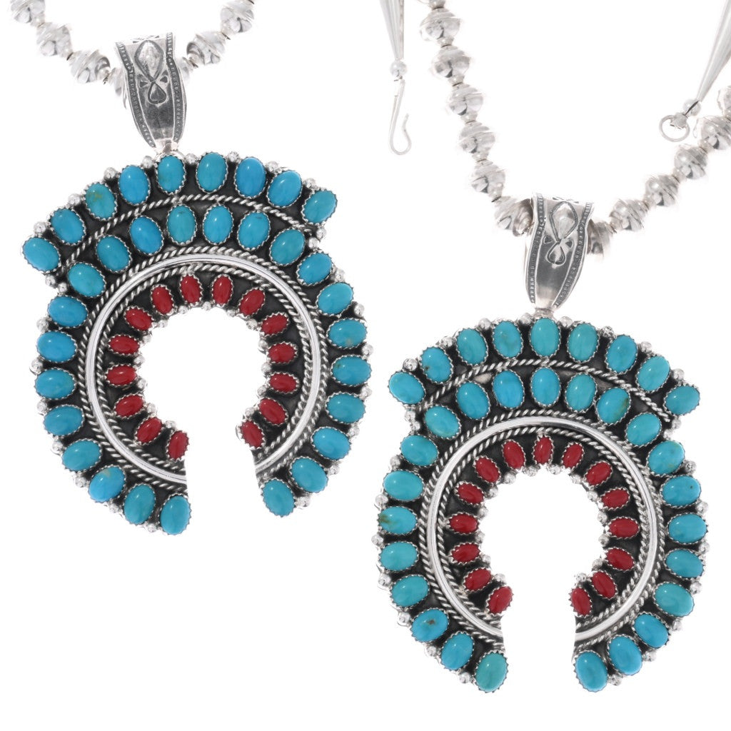 Navajo Sleeping Beauty Turquoise & Coral Naja Pendant on Sterling Beaded Necklace
