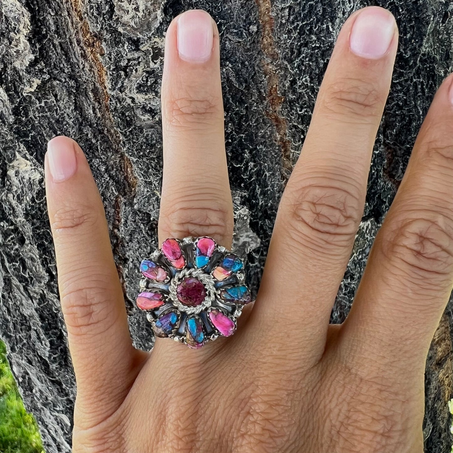 Pink Dahlia + Sterling Adjustable Cluster Rng