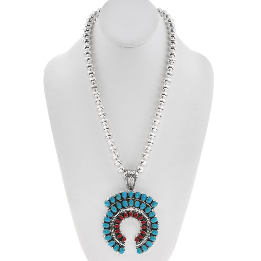 Navajo Sleeping Beauty Turquoise & Coral Naja Pendant on Sterling Beaded Necklace