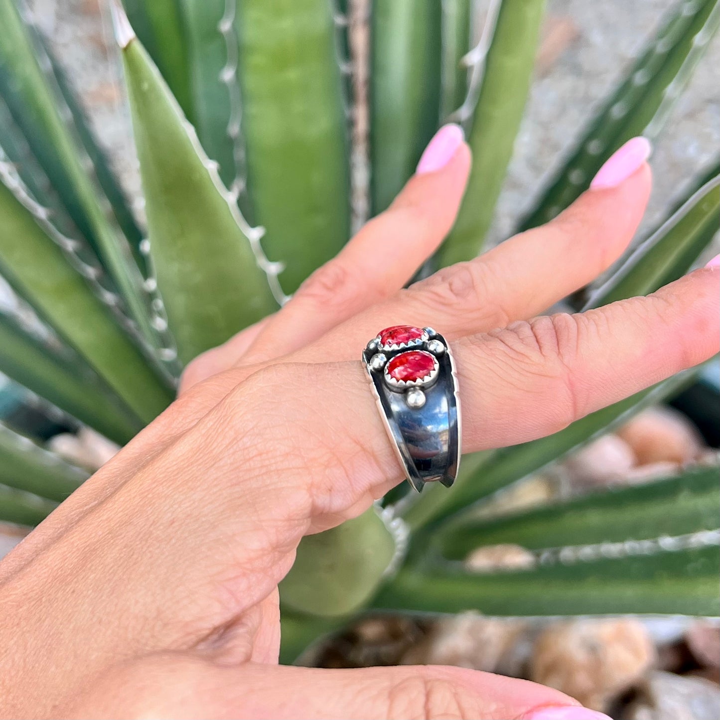 3 Stone Red Spiny Ring- Size 9.5