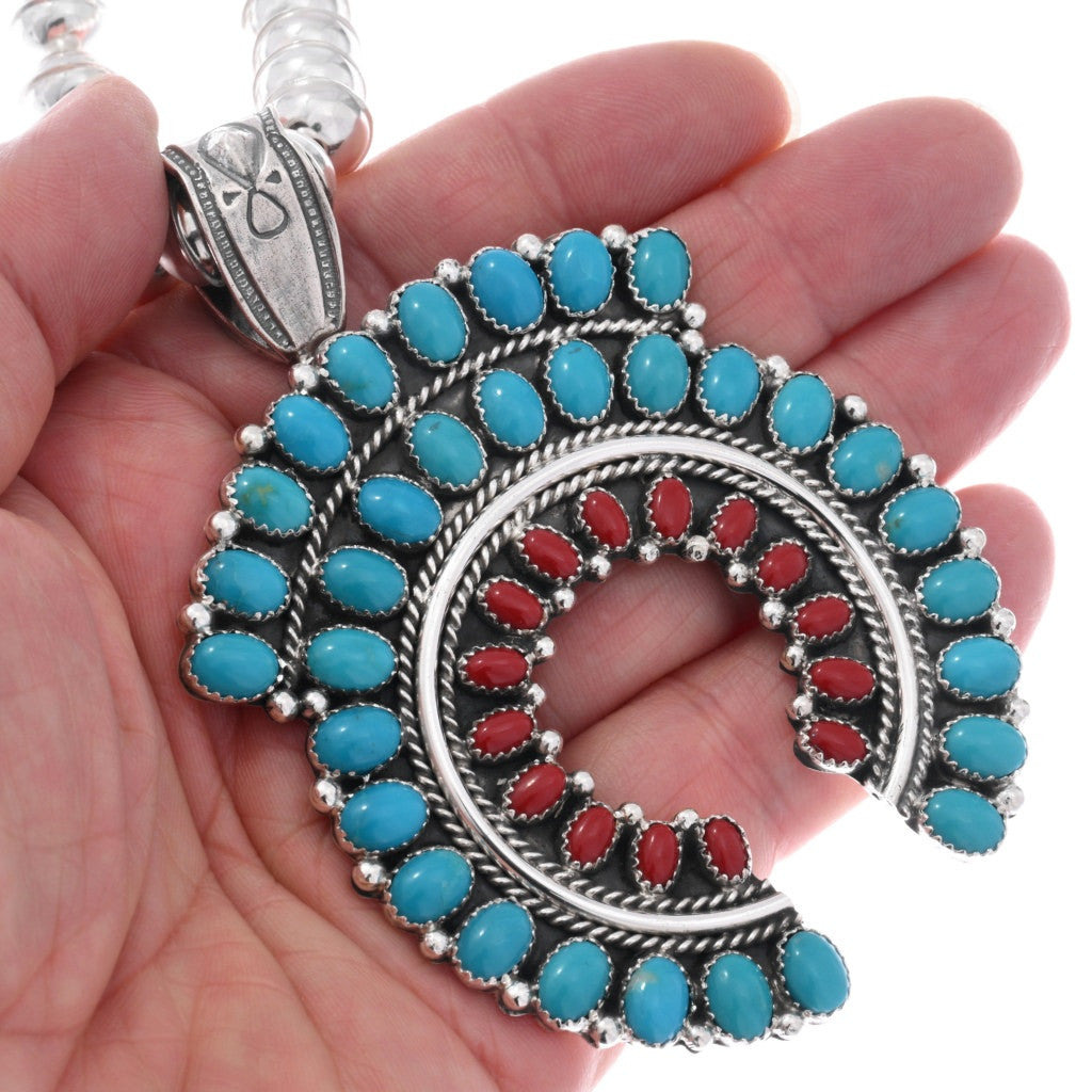 Navajo Sleeping Beauty Turquoise & Coral Naja Pendant on Sterling Beaded Necklace