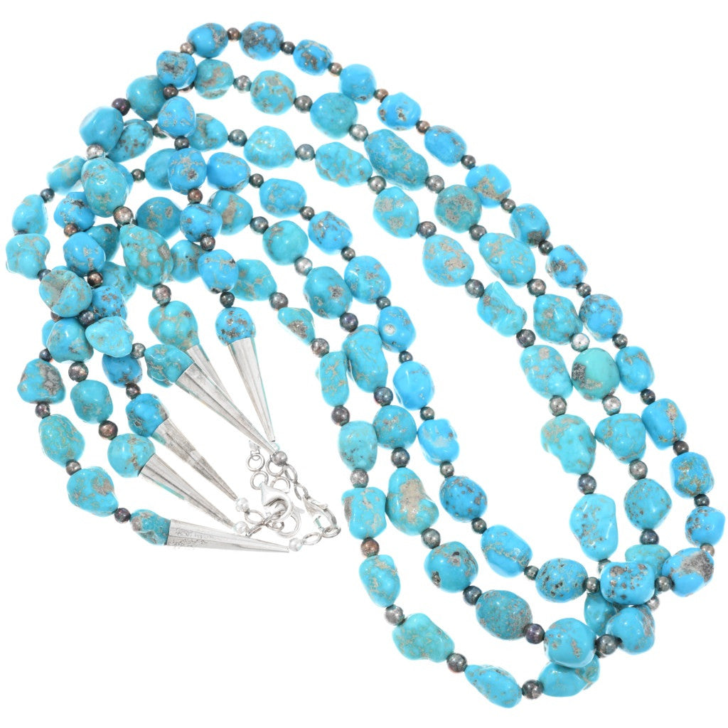 26” Natural Turquoise Nugget + Sterling Bead Necklace
