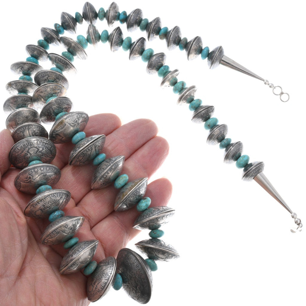 28” Native Made Silver Coin + Turquoise Bead Necklace