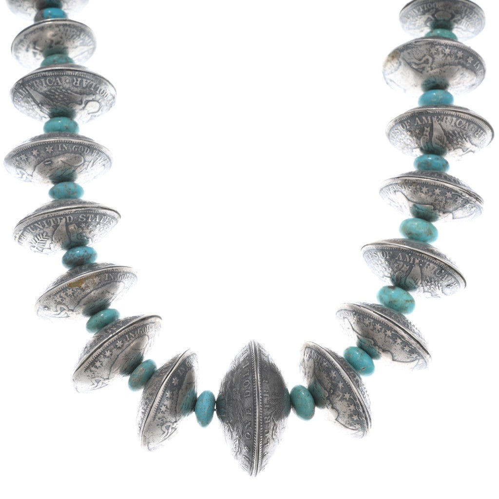 28” Native Made Silver Coin + Turquoise Bead Necklace