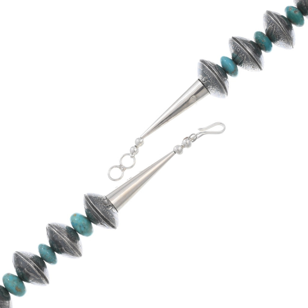 28” Native Made Silver Coin + Turquoise Bead Necklace