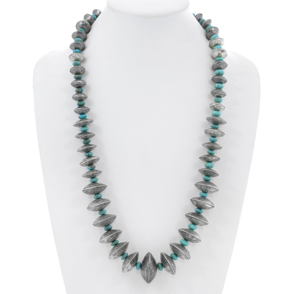 28” Native Made Silver Coin + Turquoise Bead Necklace
