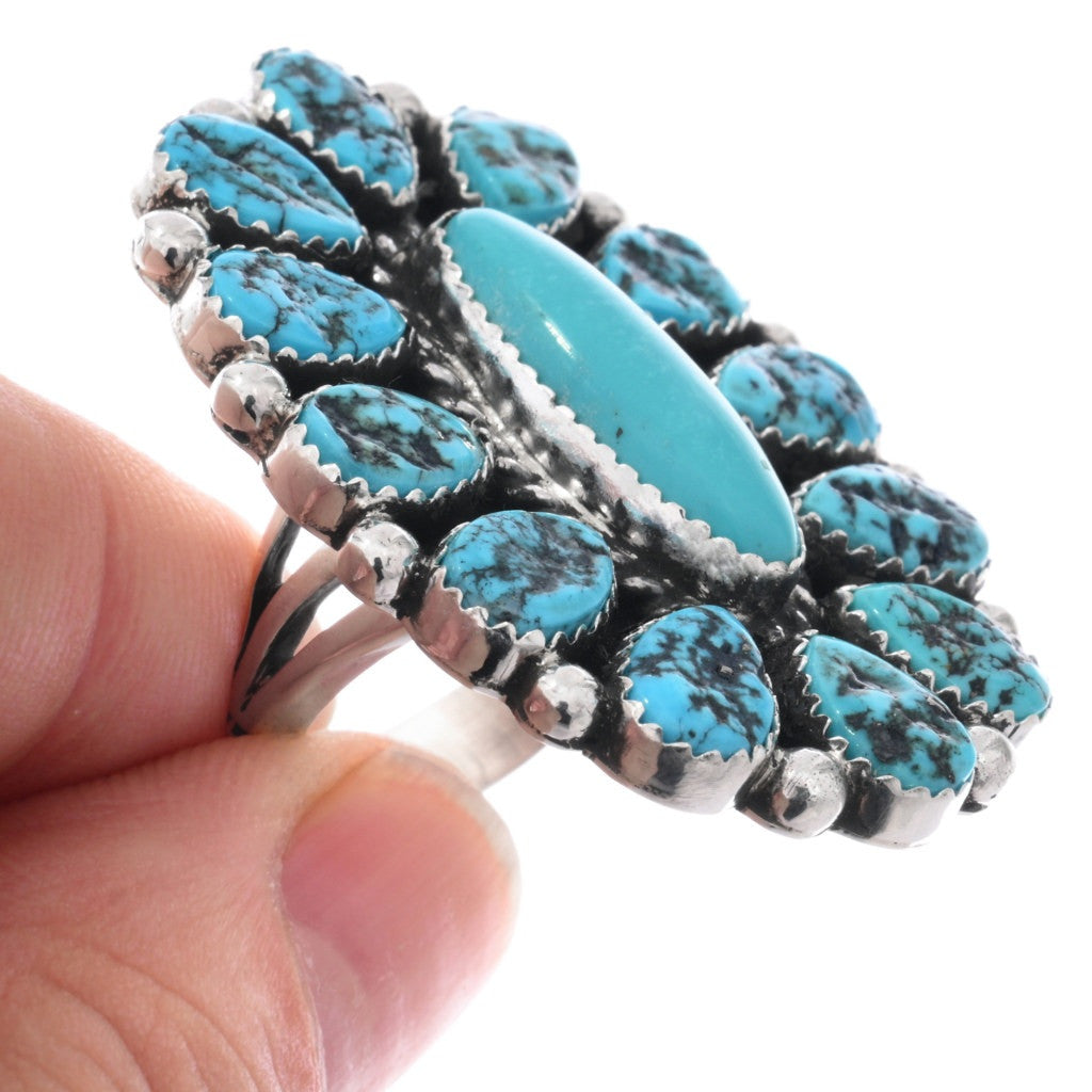 Large Natural Kingman Turquoise + Sterling Cluster Ring