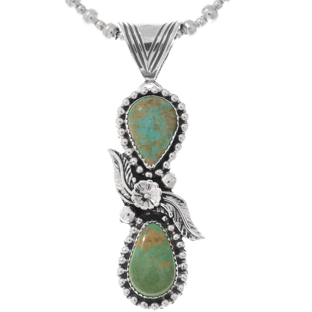 Double Stone Turquoise and Floral Sterling Pendant