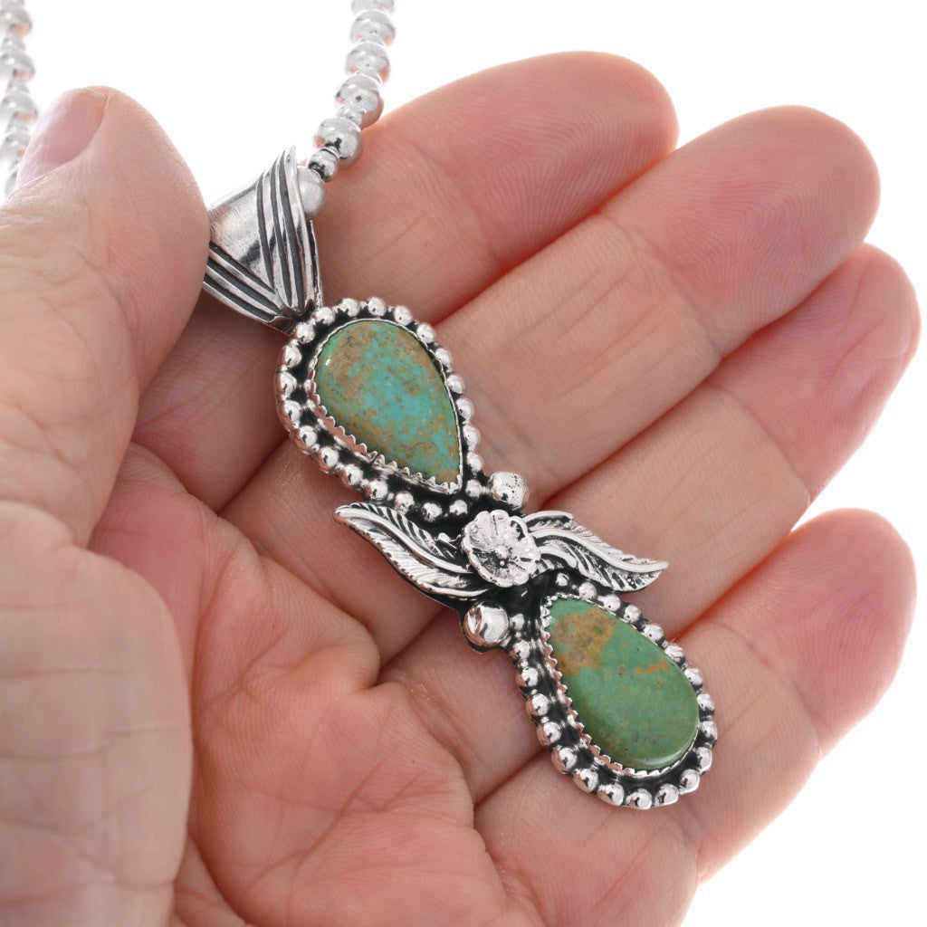 Double Stone Turquoise and Floral Sterling Pendant