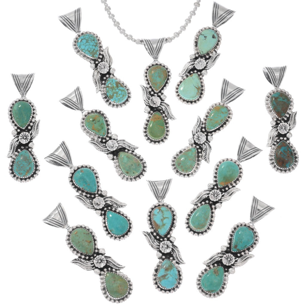 Double Stone Turquoise and Floral Sterling Pendant