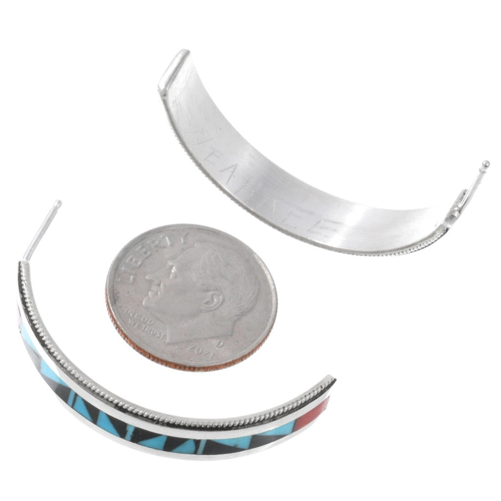 Zuni Stone on Stone Sterling Inlay Half Hoop Earrings