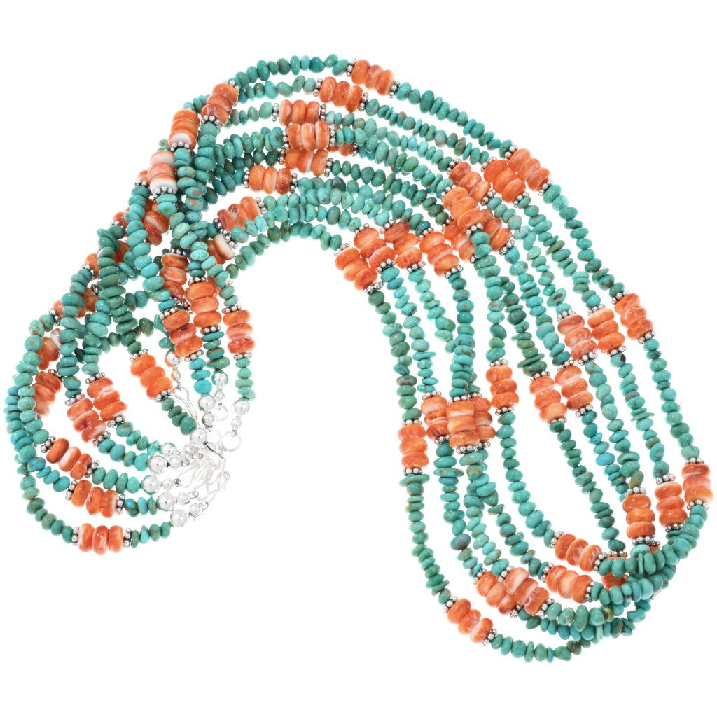 Orange Spiny + Turquoise Navajo Beaded Necklace