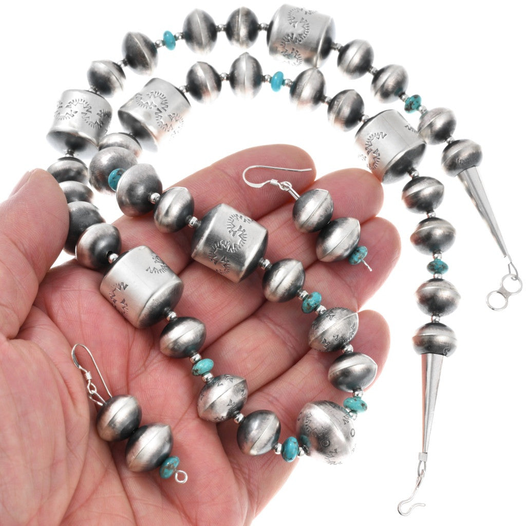 Handmade Stamped Navajo Pearl & Turquoise Necklace Set