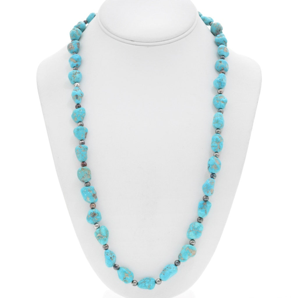 26” Natural Turquoise Nugget + Sterling Bead Necklace