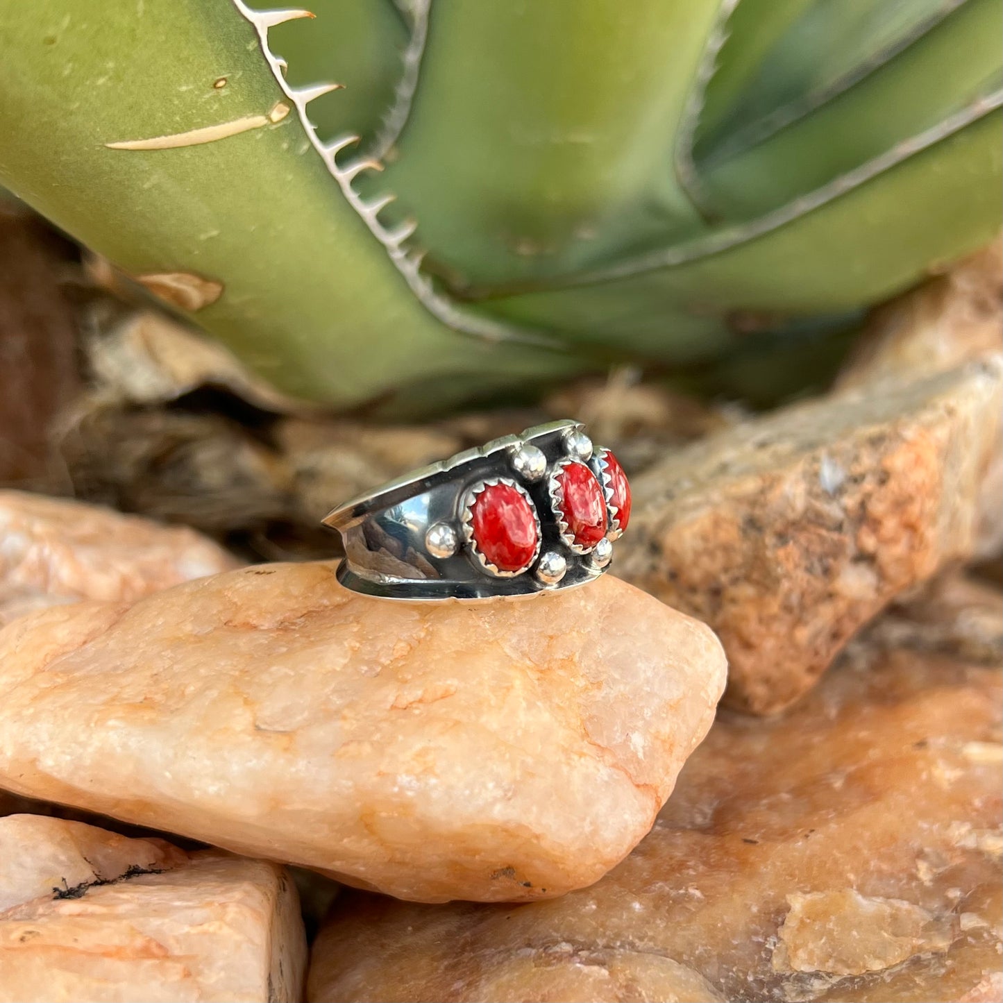 3 Stone Red Spiny Ring- Size 9.5