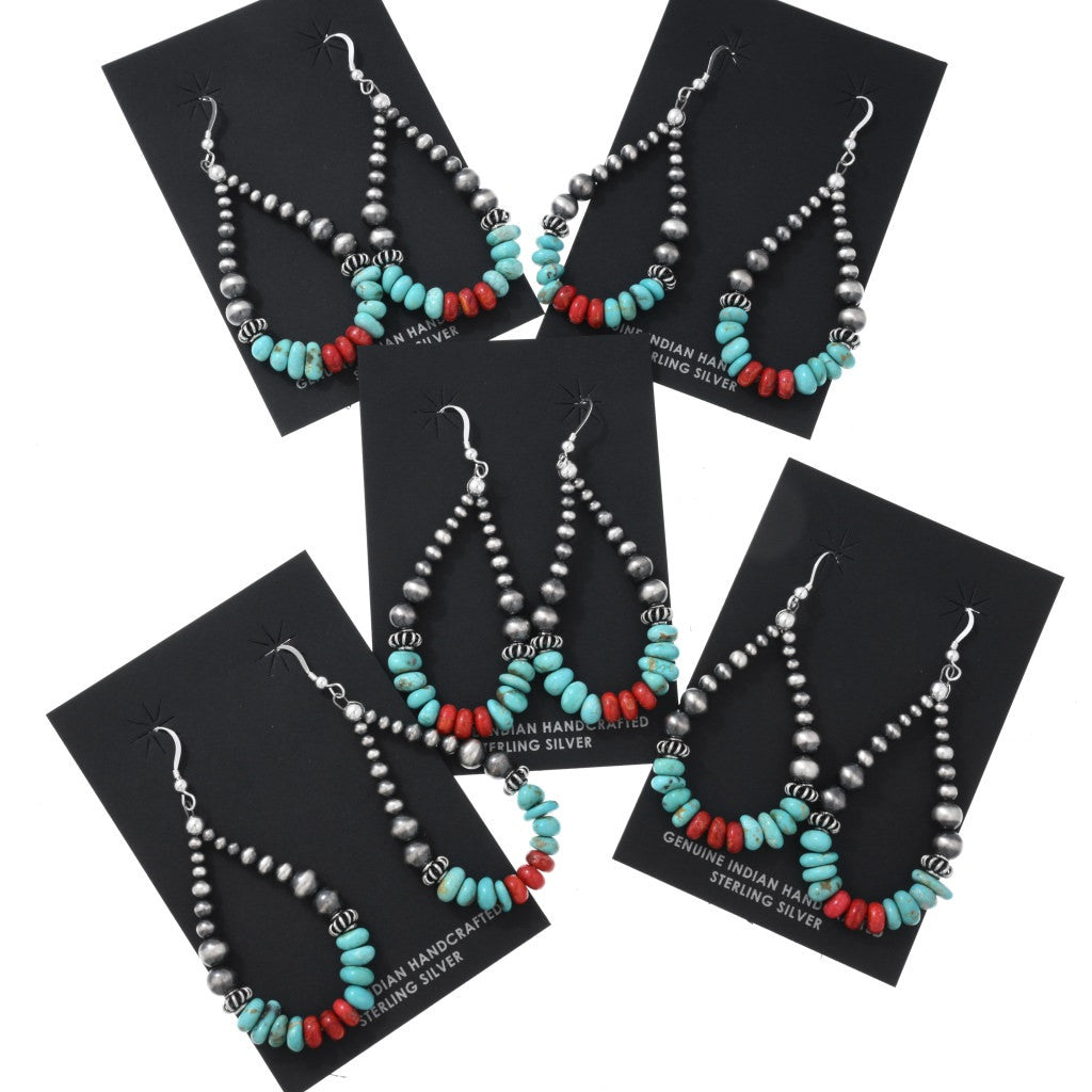 Turquoise, Red Coral & Sterling Silver Beaded Teardrop Hoop Earrings
