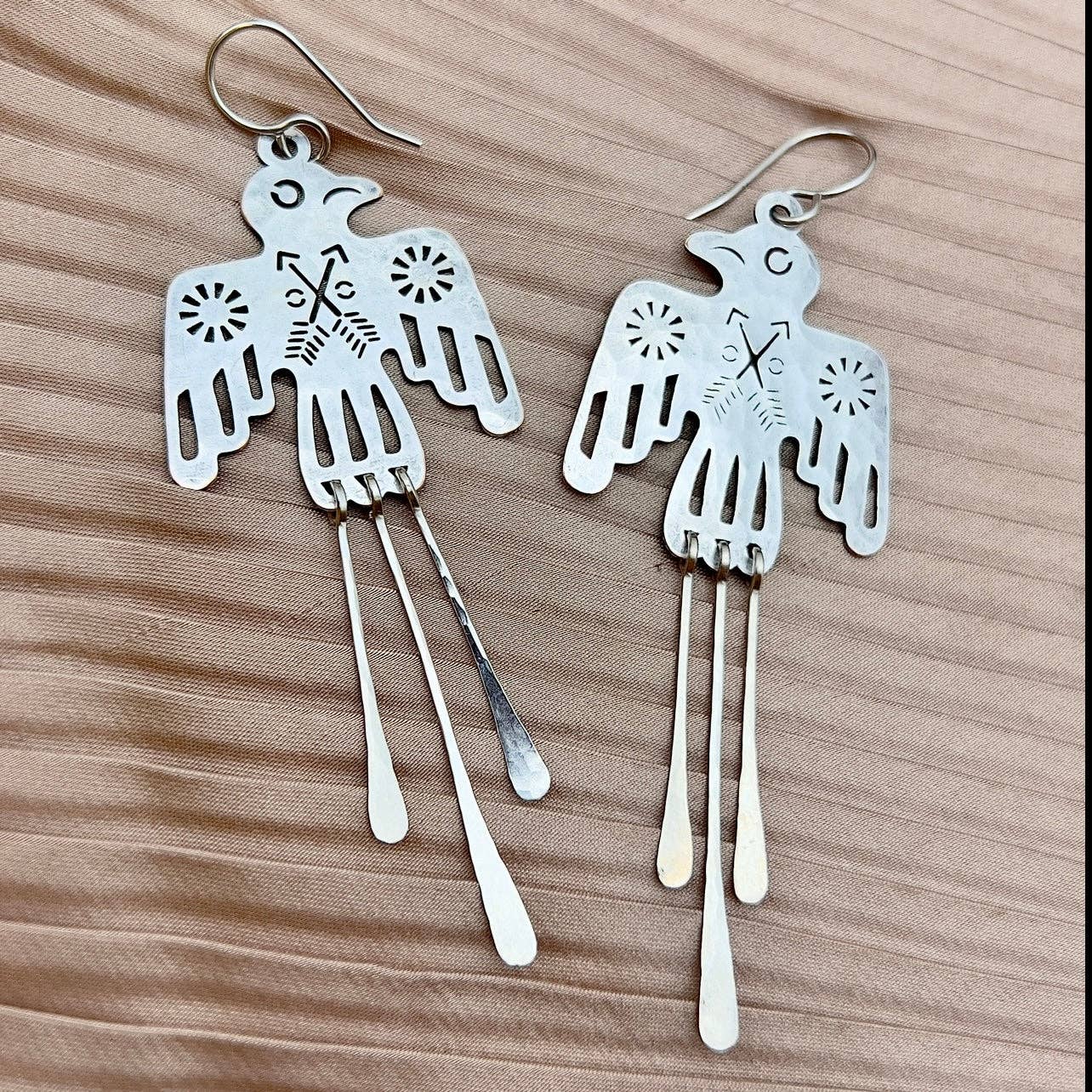 Handmade Thunderbird Fringe Earrings: Silver