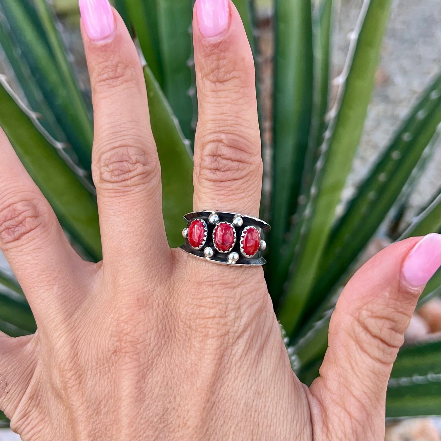 3 Stone Red Spiny Ring- Size 9.5
