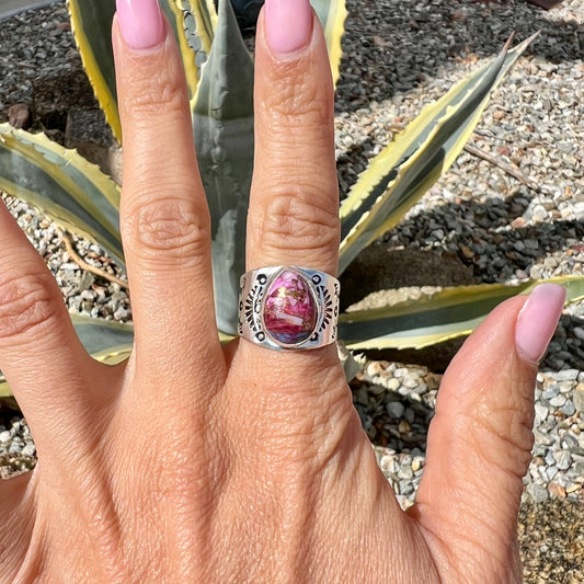 Pink Dahlia Wide Sterling Stamped Ring- Size 7