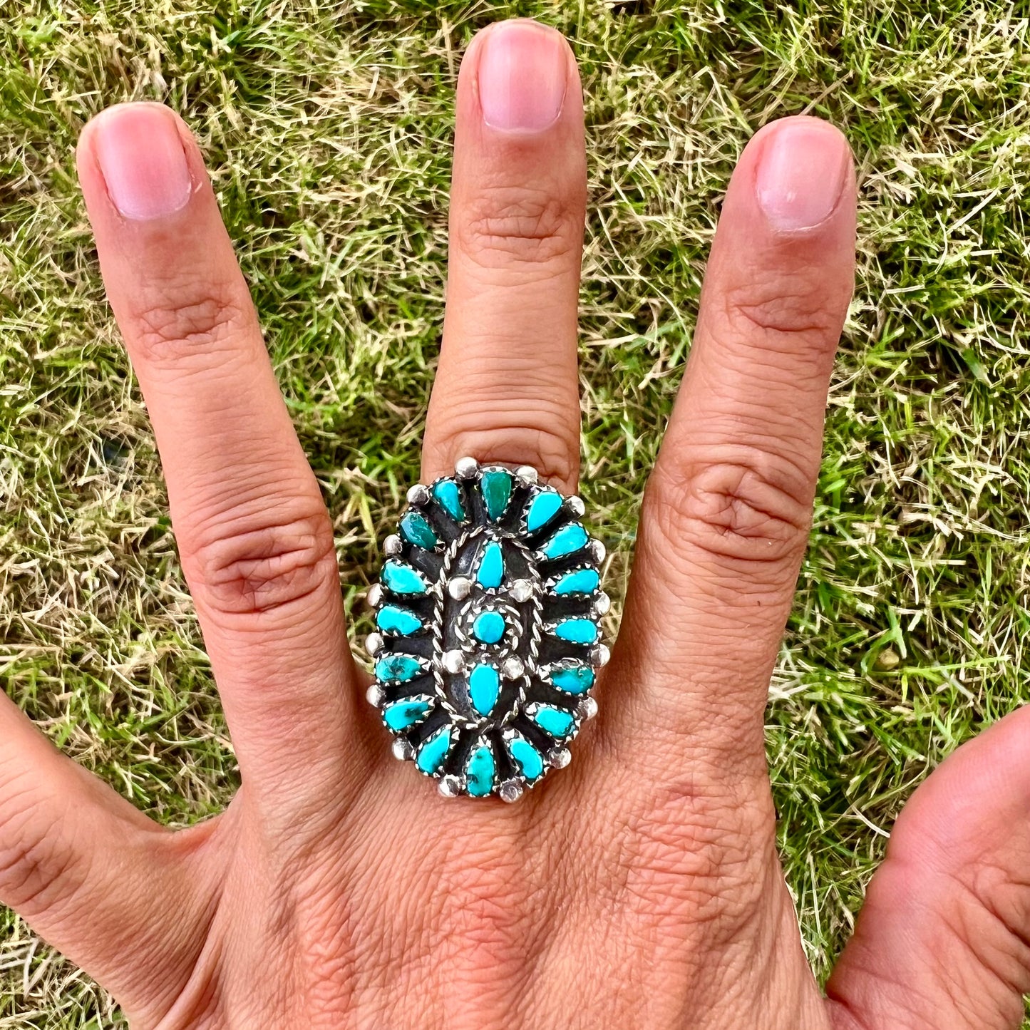 Zuni Turquoise and Sterling Cluster Ring