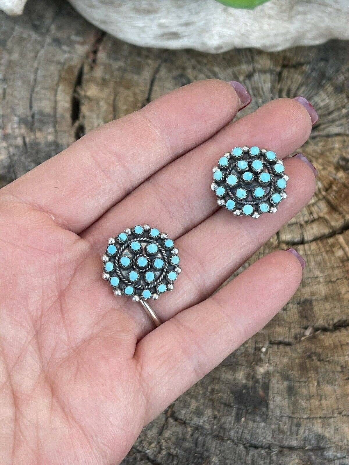 Zuni Sterling Silver & Turquoise Cluster Stud Earrings