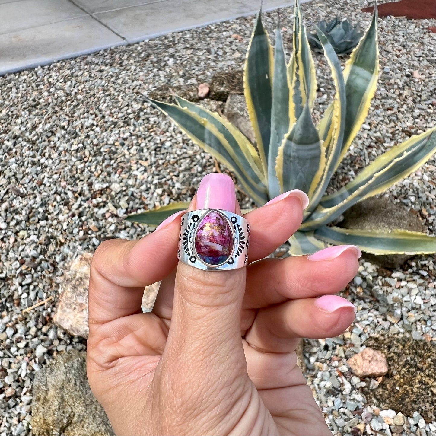 Pink Dahlia Wide Sterling Stamped Ring- Size 7