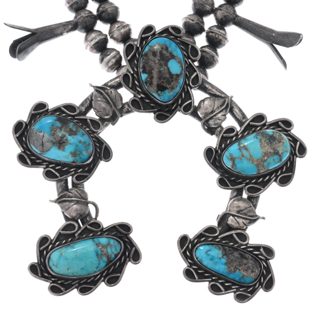 Vintage Navajo Sterling Silver + Turquoise Squash Blossom Necklace