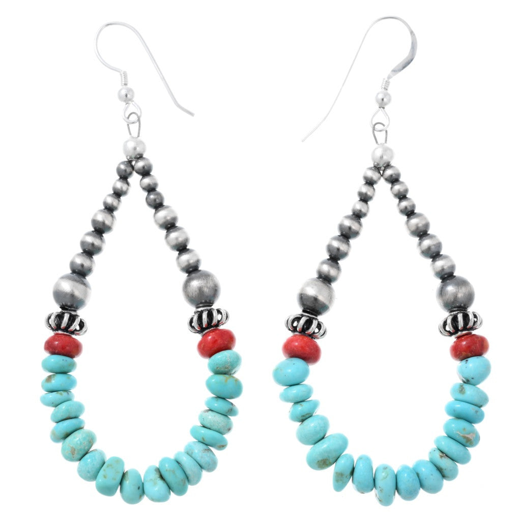 Sterling Silver, Turquoise and Coral Beaded Teardrop Hoop Earrings