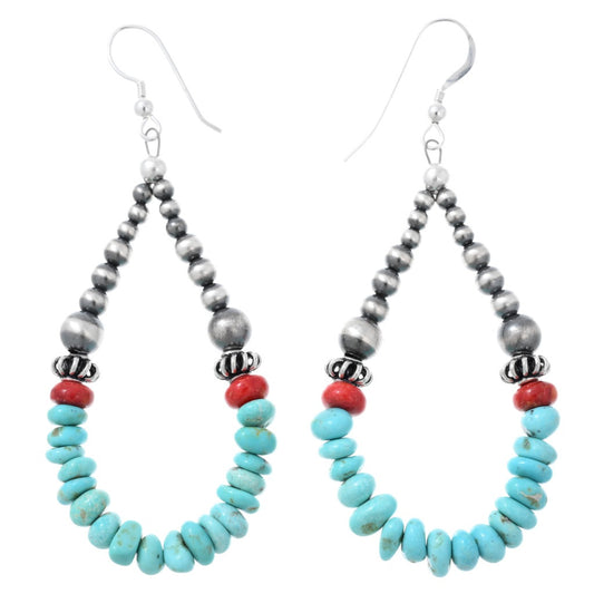Sterling Silver, Turquoise and Coral Beaded Teardrop Hoop Earrings