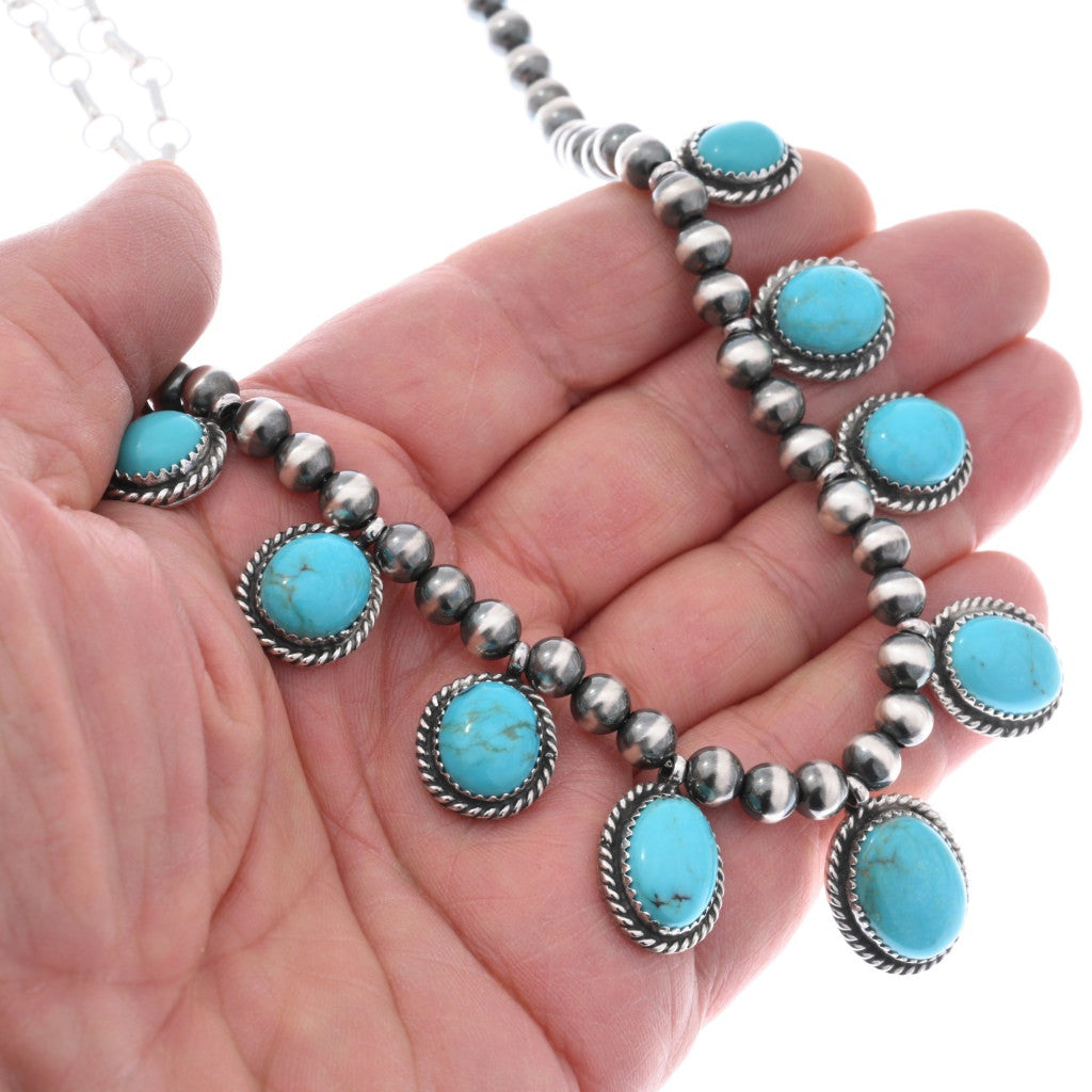 Sleeping Beauty Turquoise and Sterling Silver Pearl Choker Necklace