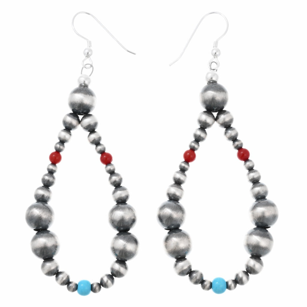 Sterling Pearl, Turquoise and Coral Beaded Teardrop Hoop Earrings