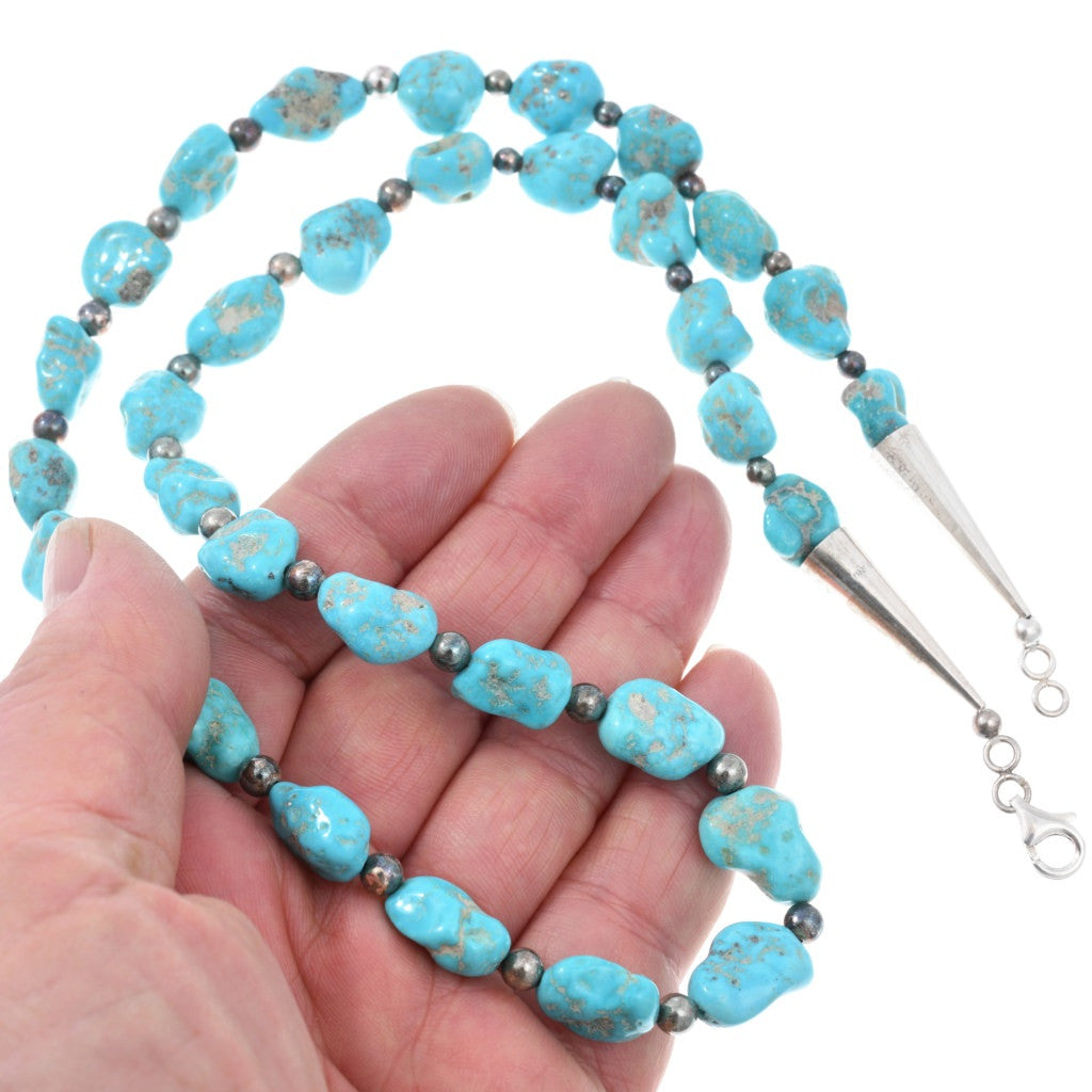 26” Natural Turquoise Nugget + Sterling Bead Necklace