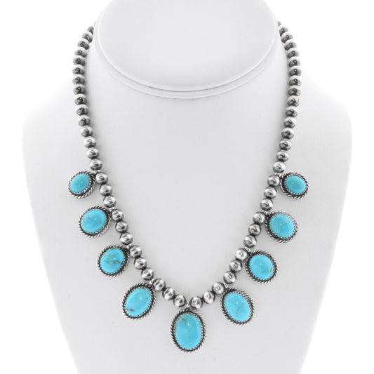 Sleeping Beauty Turquoise and Sterling Silver Pearl Choker Necklace