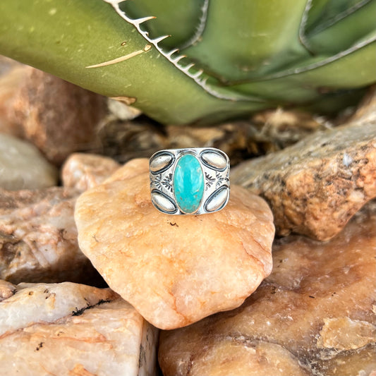 Wide Band Turquoise and Stamped Sterling Ring