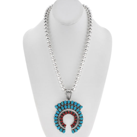 Navajo Sleeping Beauty Turquoise & Coral Naja Pendant on Sterling Beaded Necklace