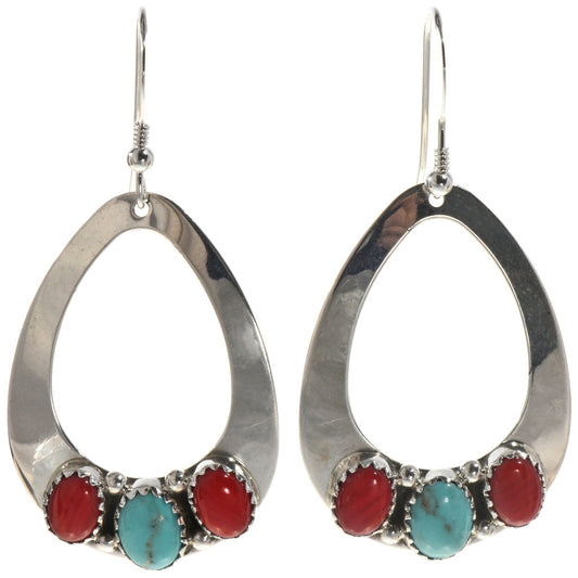 Sterling Pearl with Turquoise and Coral Teardrop Hoop Earrings