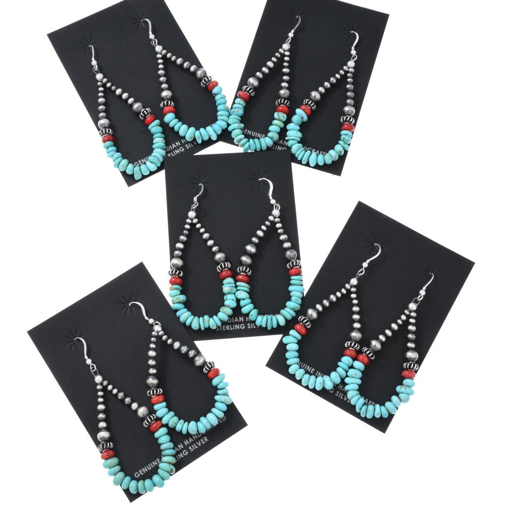 Sterling Silver, Turquoise and Coral Beaded Teardrop Hoop Earrings