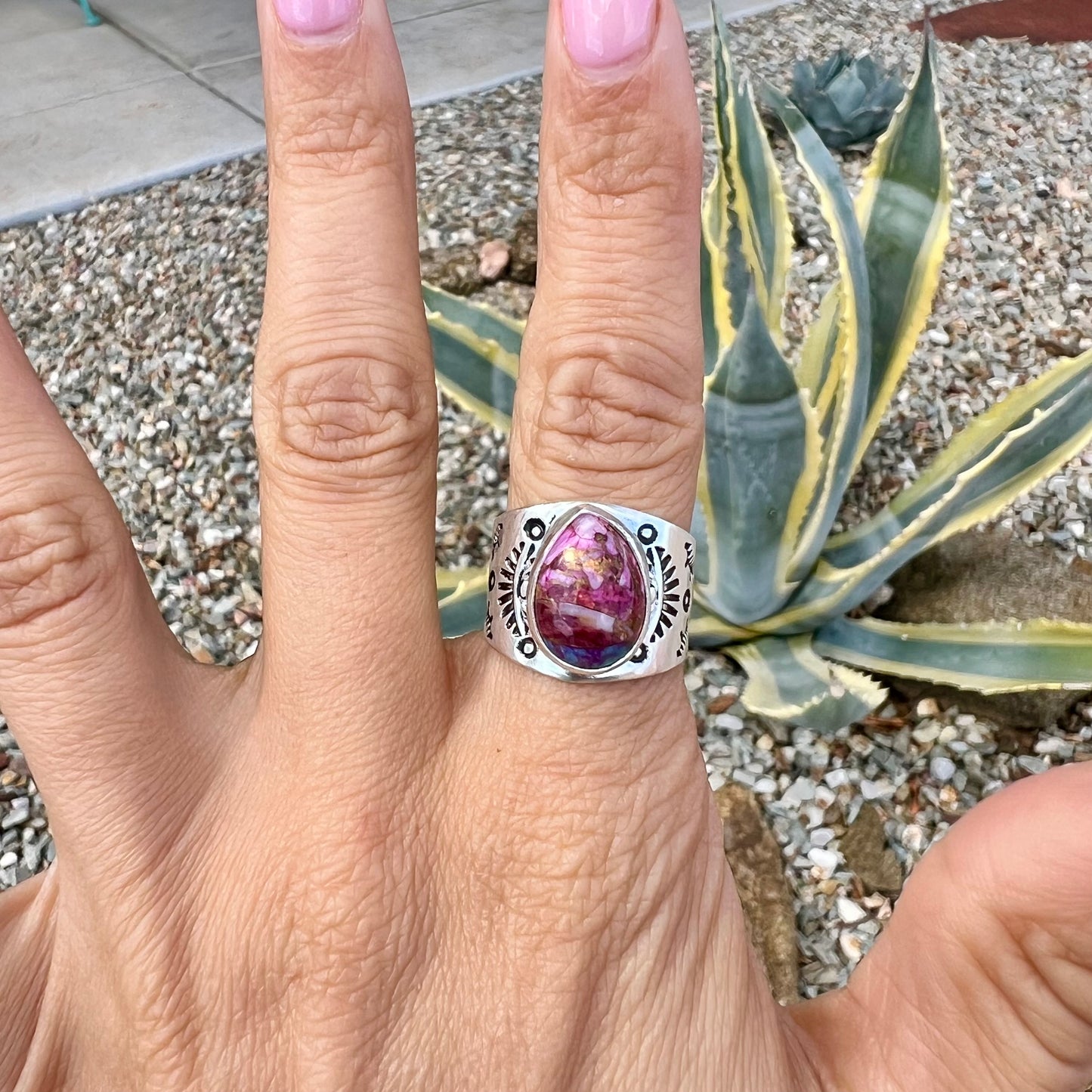 Pink Dahlia Wide Sterling Stamped Ring- Size 7