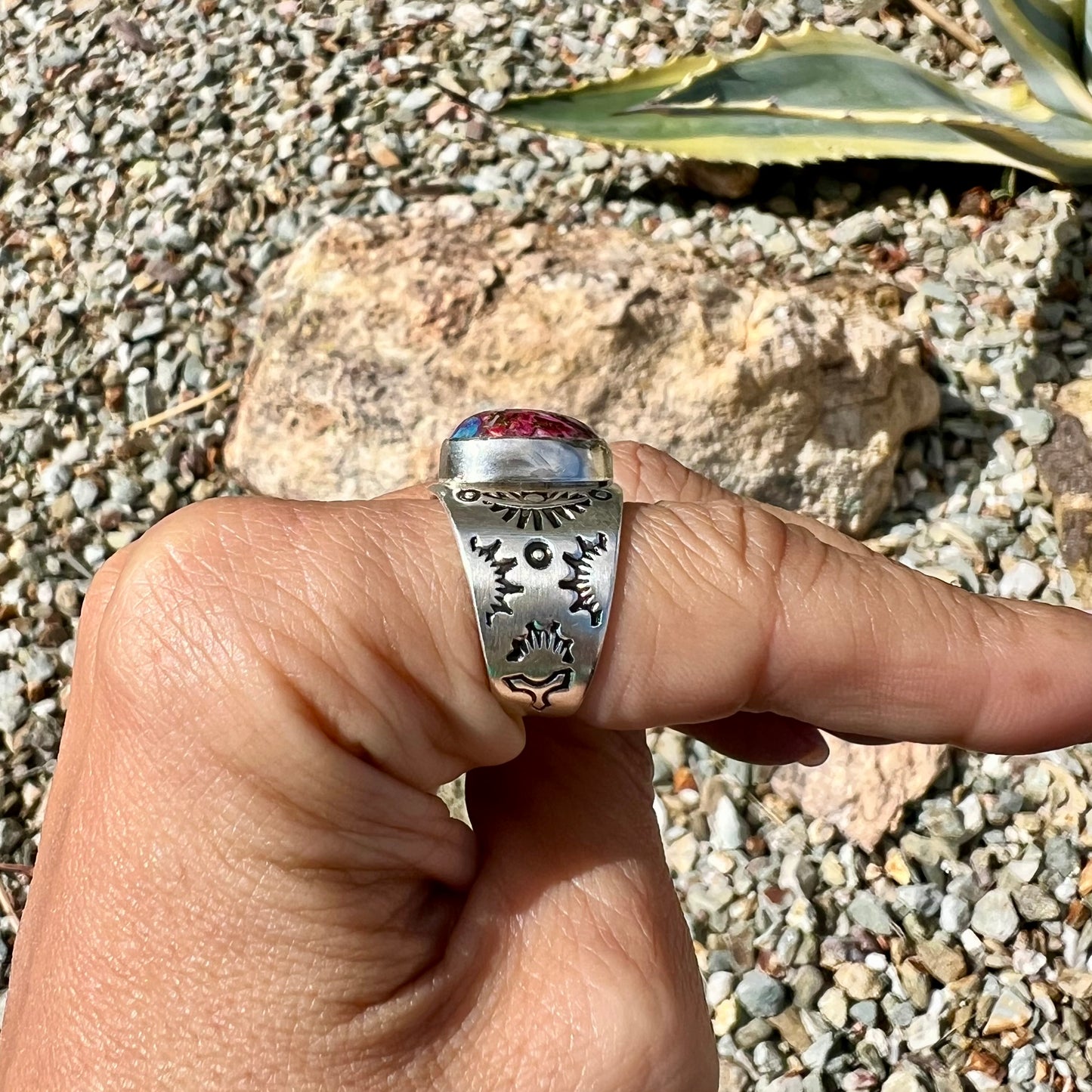 Pink Dahlia Wide Sterling Stamped Ring- Size 7