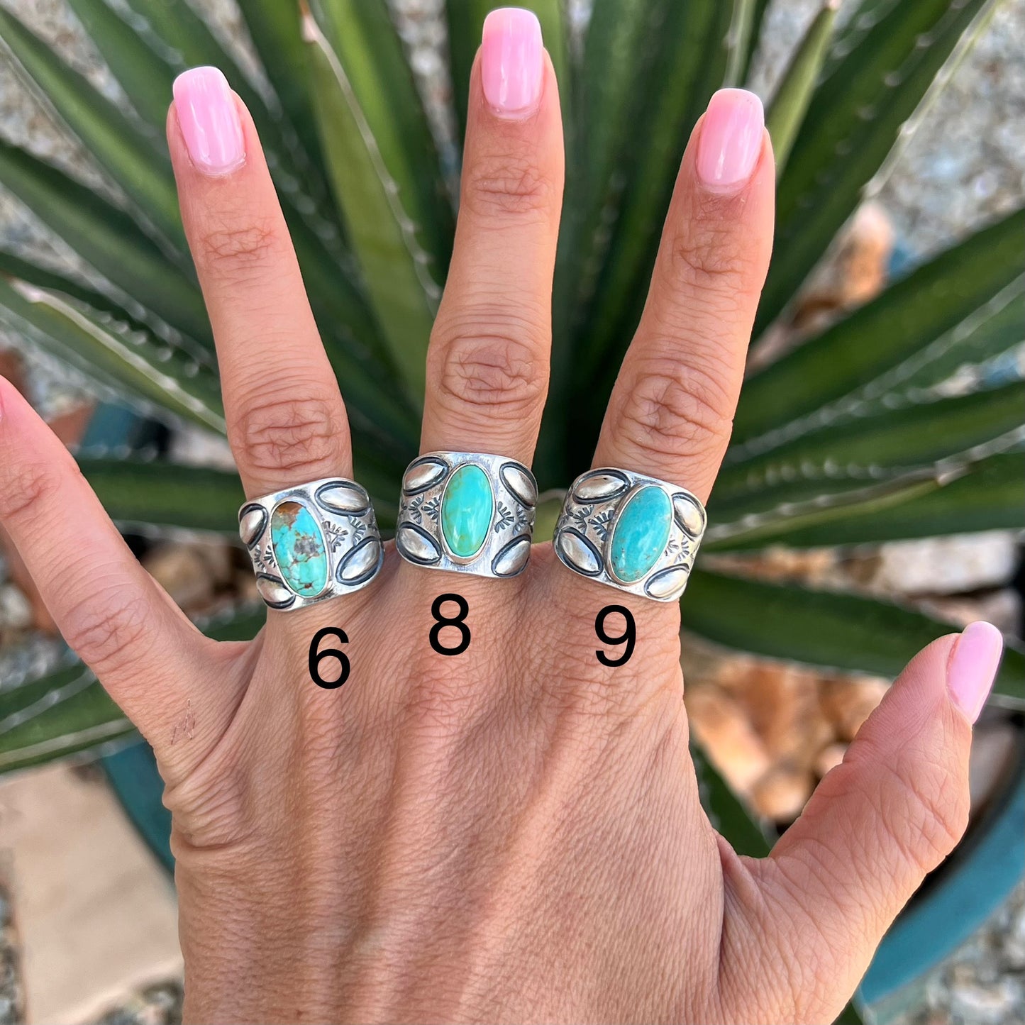 Wide Band Turquoise and Stamped Sterling Ring