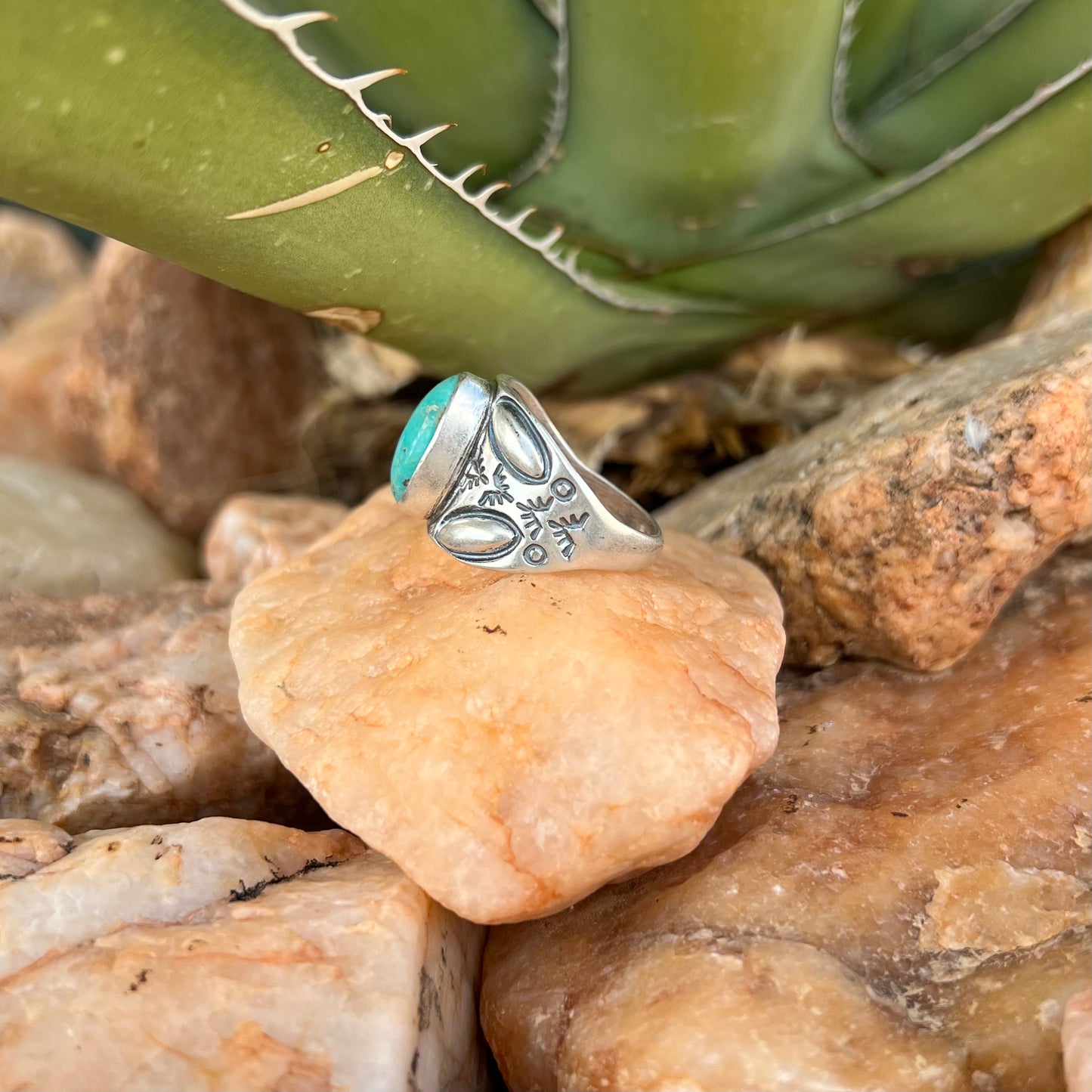Wide Band Turquoise and Stamped Sterling Ring