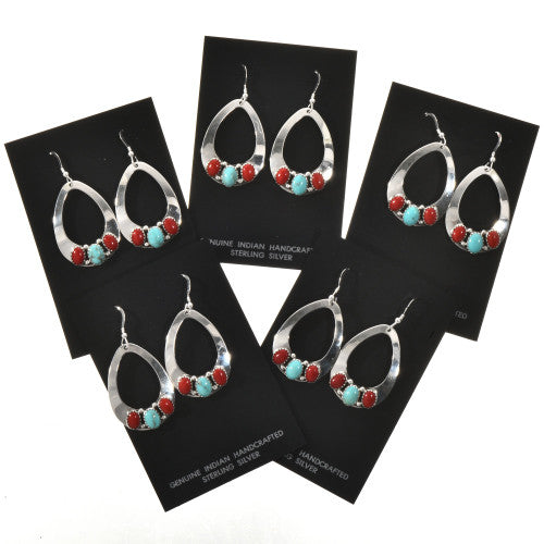 Sterling Pearl with Turquoise and Coral Teardrop Hoop Earrings