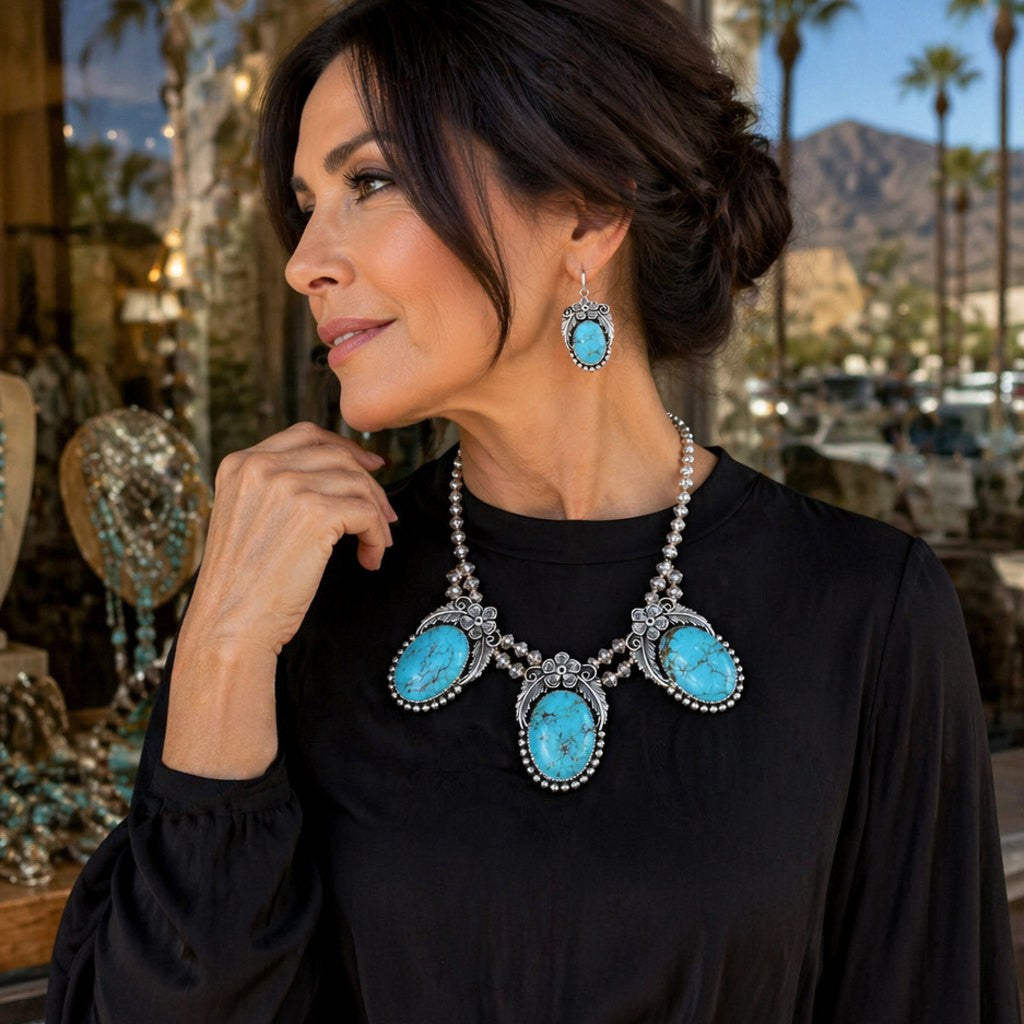 Natural Kingman Turquoise + Sterling Navajo Necklace Set