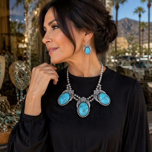 Natural Kingman Turquoise + Sterling Navajo Necklace Set