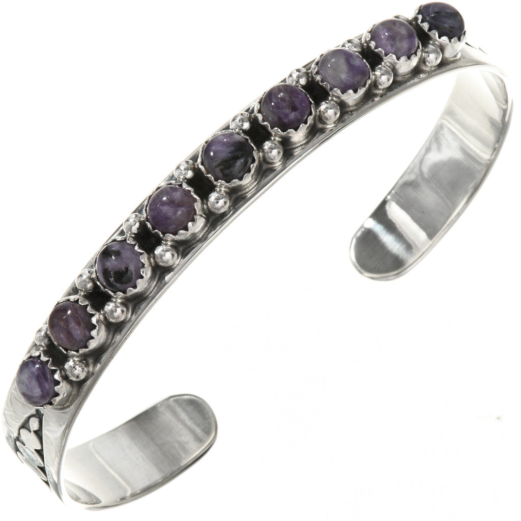 Navajo Handmade Charoite and Sterling Silver Stacker Cuff