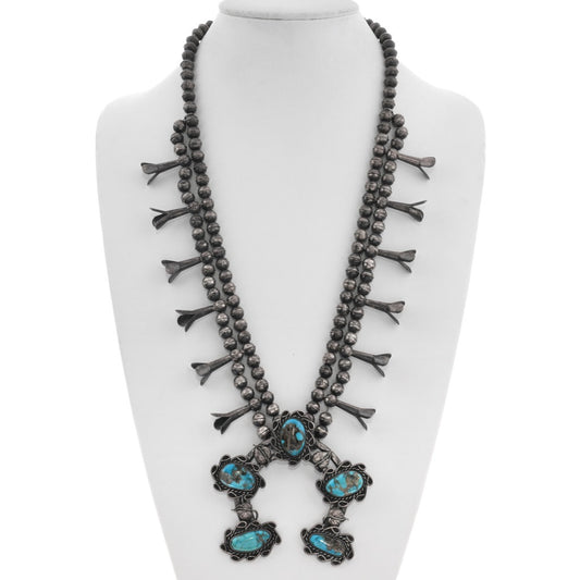 Vintage Navajo Sterling Silver + Turquoise Squash Blossom Necklace