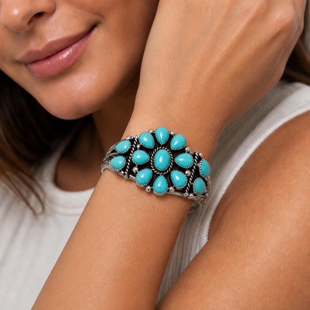 Navajo Handmade Sonoran Gold Turquoise Cluster Cuff